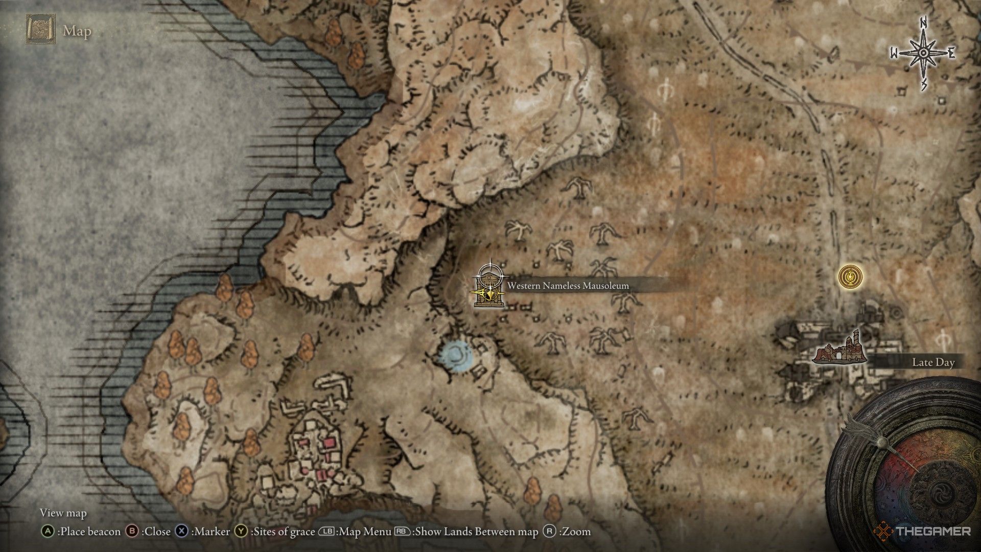Player locates the Western Nameless Mausoleum on the map in Elden Ring: Shadow of the Erdtree.