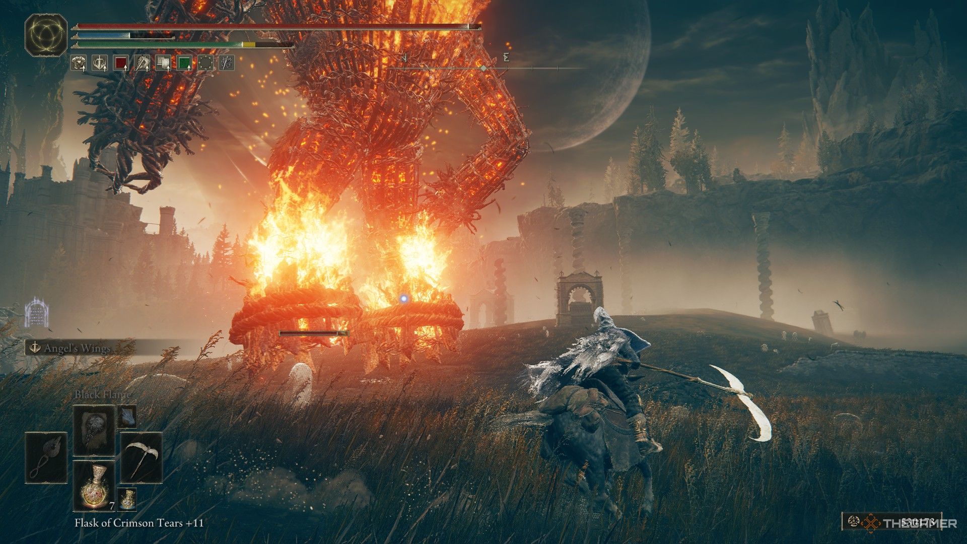 Furnace Golem falls back to the ground with fiery feet after a jump as player races nearby on Torren in Elden Ring: Shadow of the Erdtree.