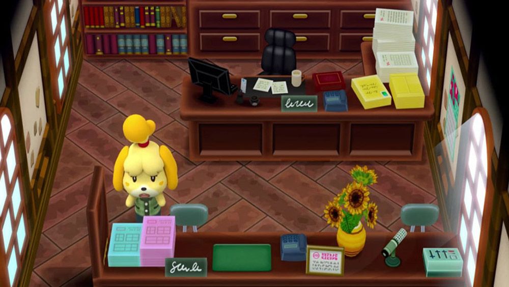 Isabelle behind the desk at town hall in Animal Crossing New Leaf