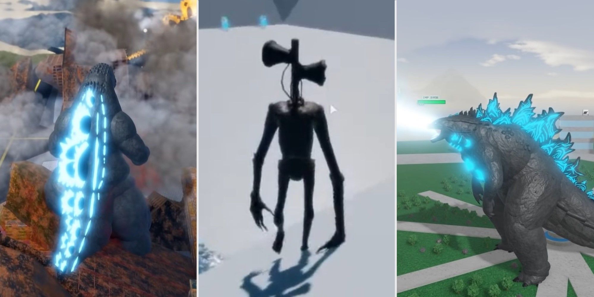 A Split image showing Godzilla in Kaiju Online, Sirenhead in Project Kaiju and Godzilla in  Kaiju Arisen in Roblox