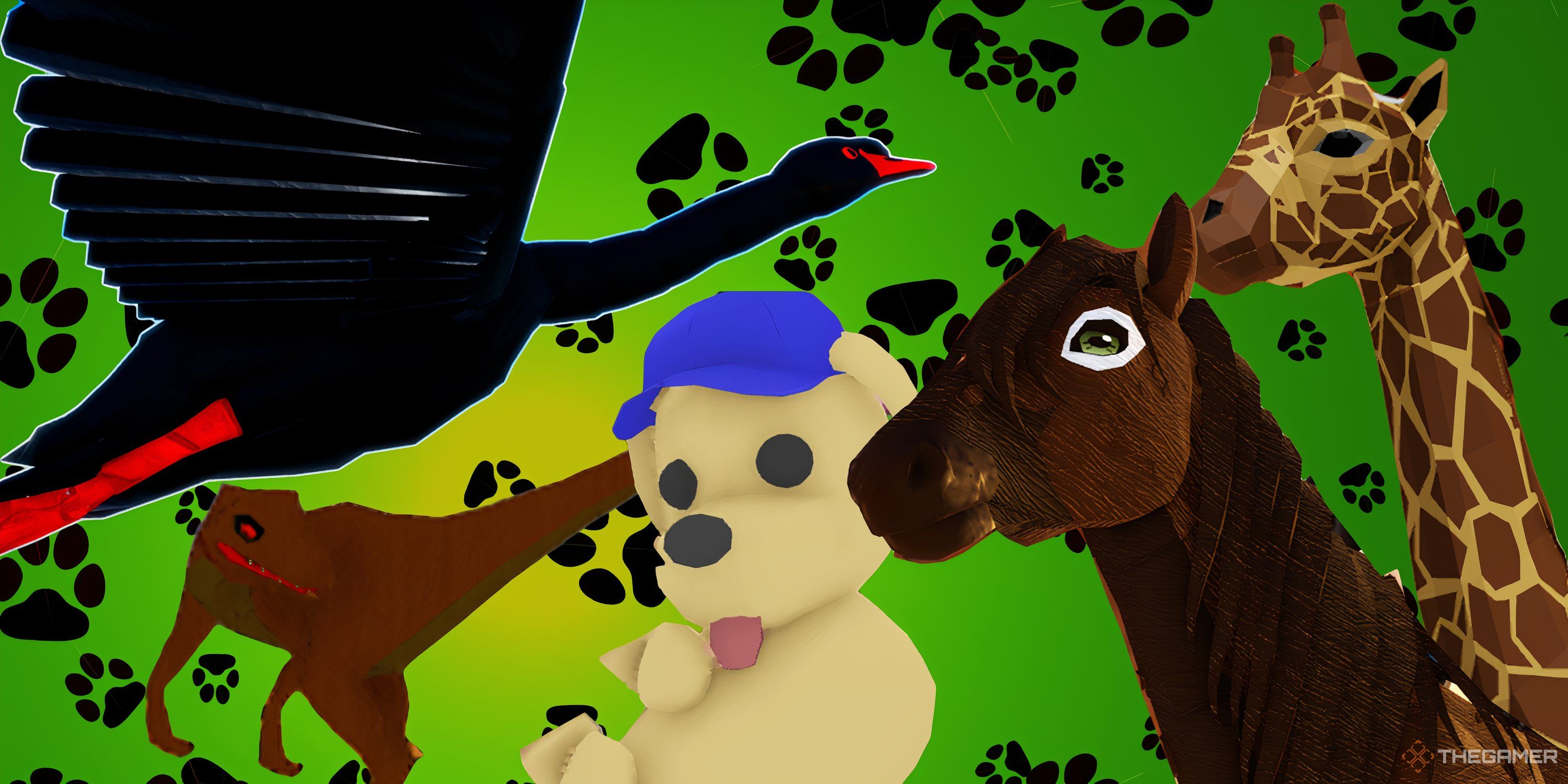 A Roblox-Esque black swan, velociraptor, labrador puppy, horse, and a giraffe pose in front of a green and yellow gradient littered with paw prints.