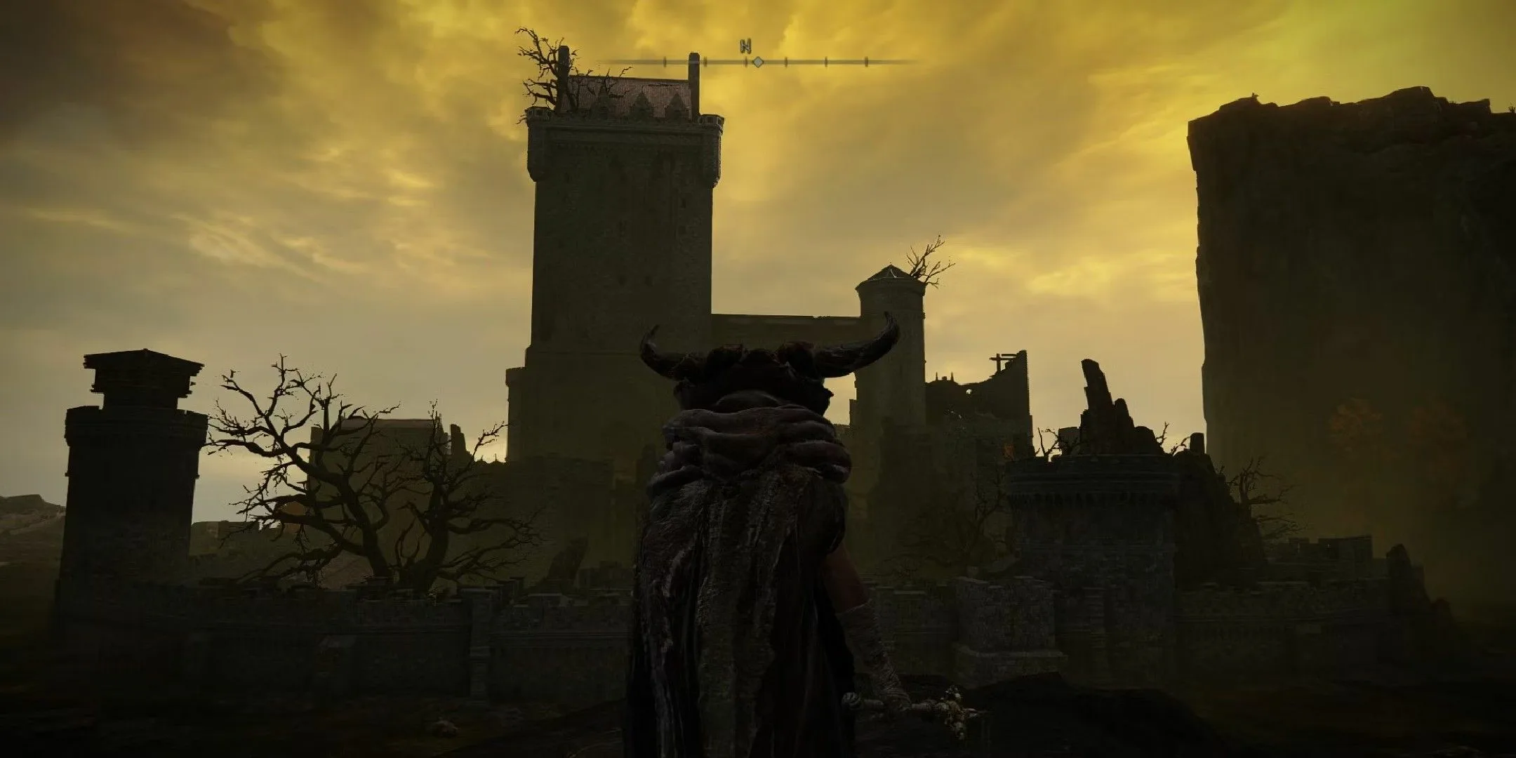 elden ring image showing a player in front of the shaded castle