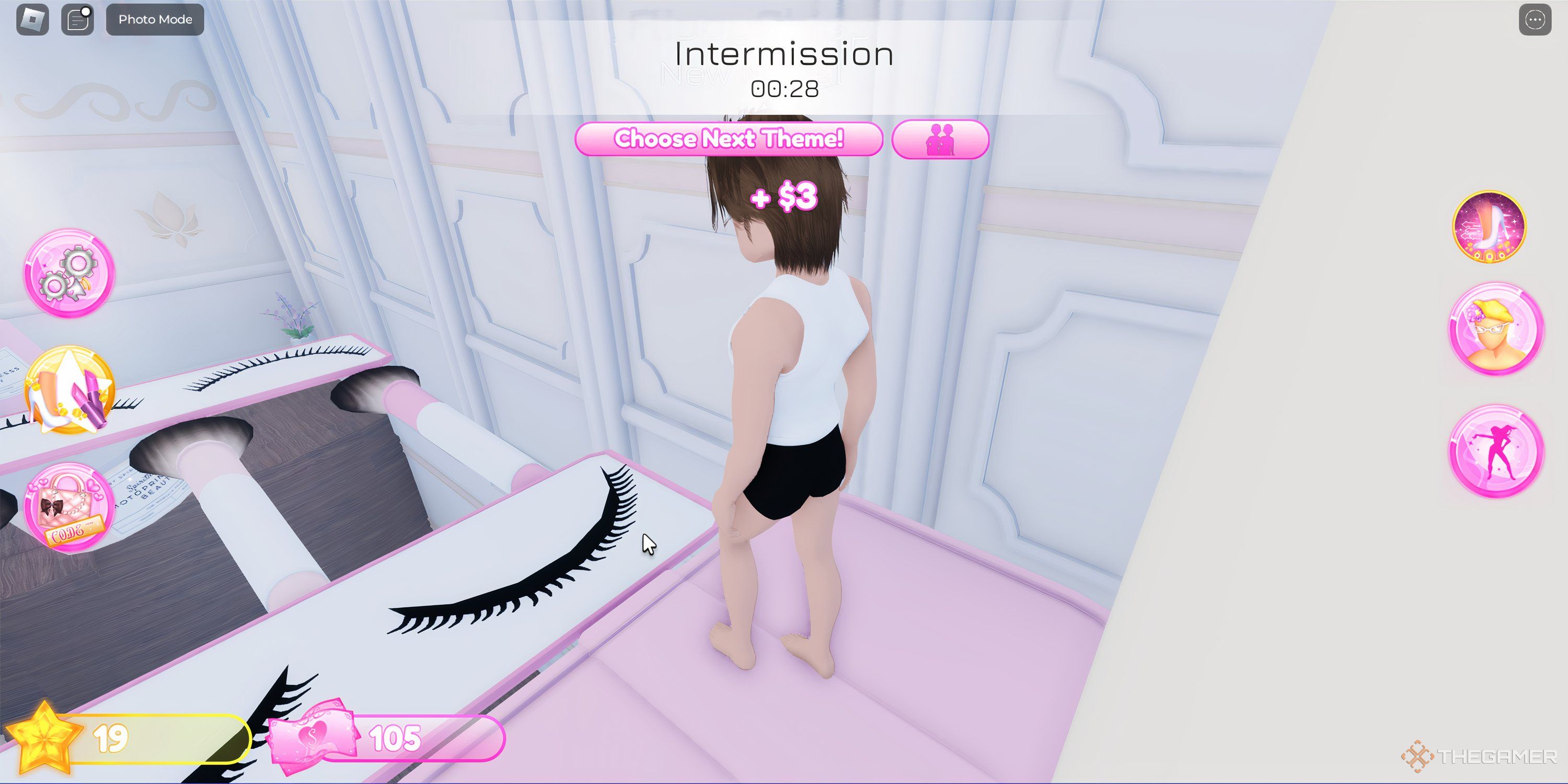 A Roblox model attempts to travel across an obstacle course made of oversized makeup brushes and false eyelashes in Dress To Impress