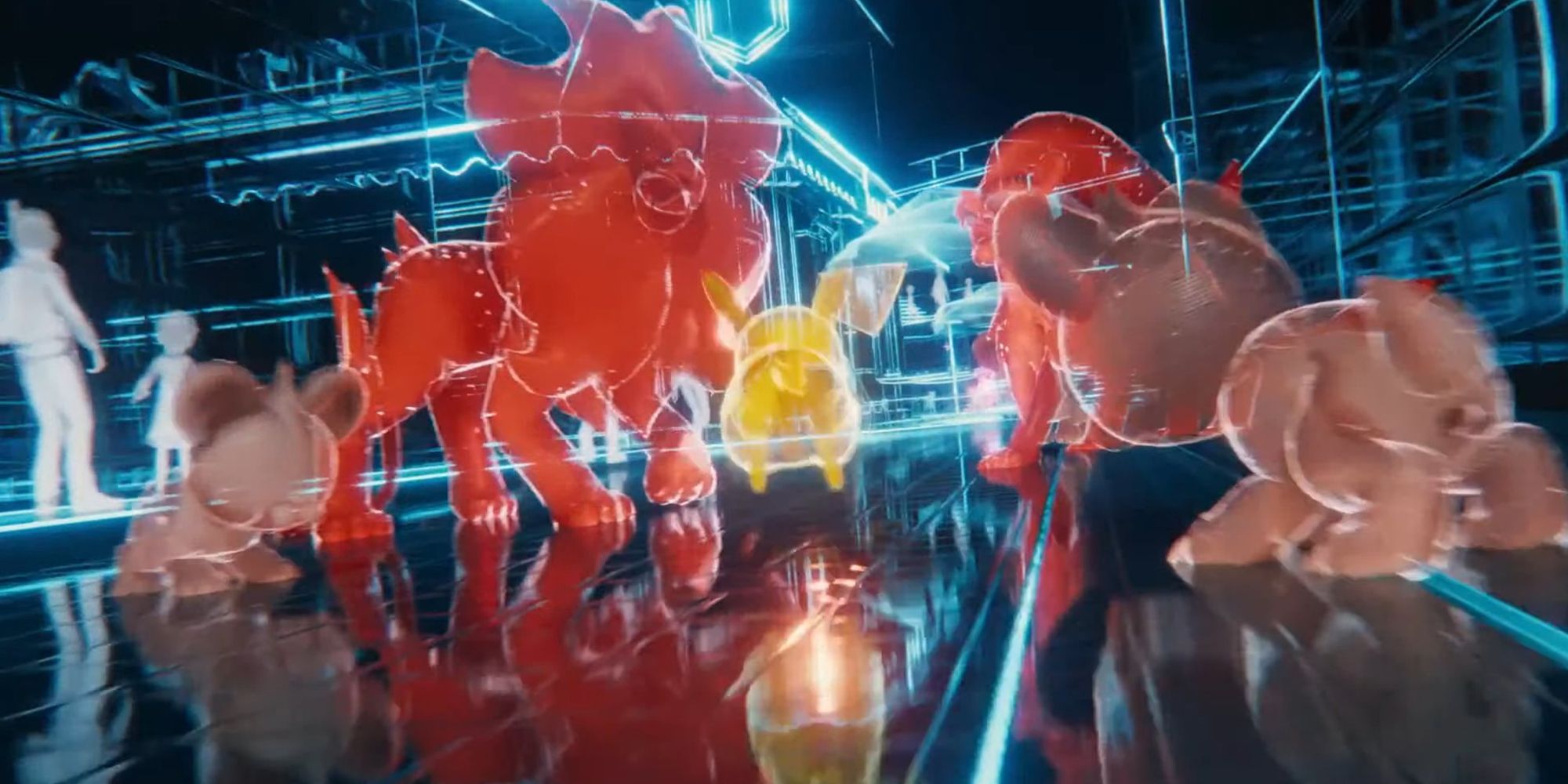 Pikachu running past red Pokemon through a holographic blue city in Legends Z-A