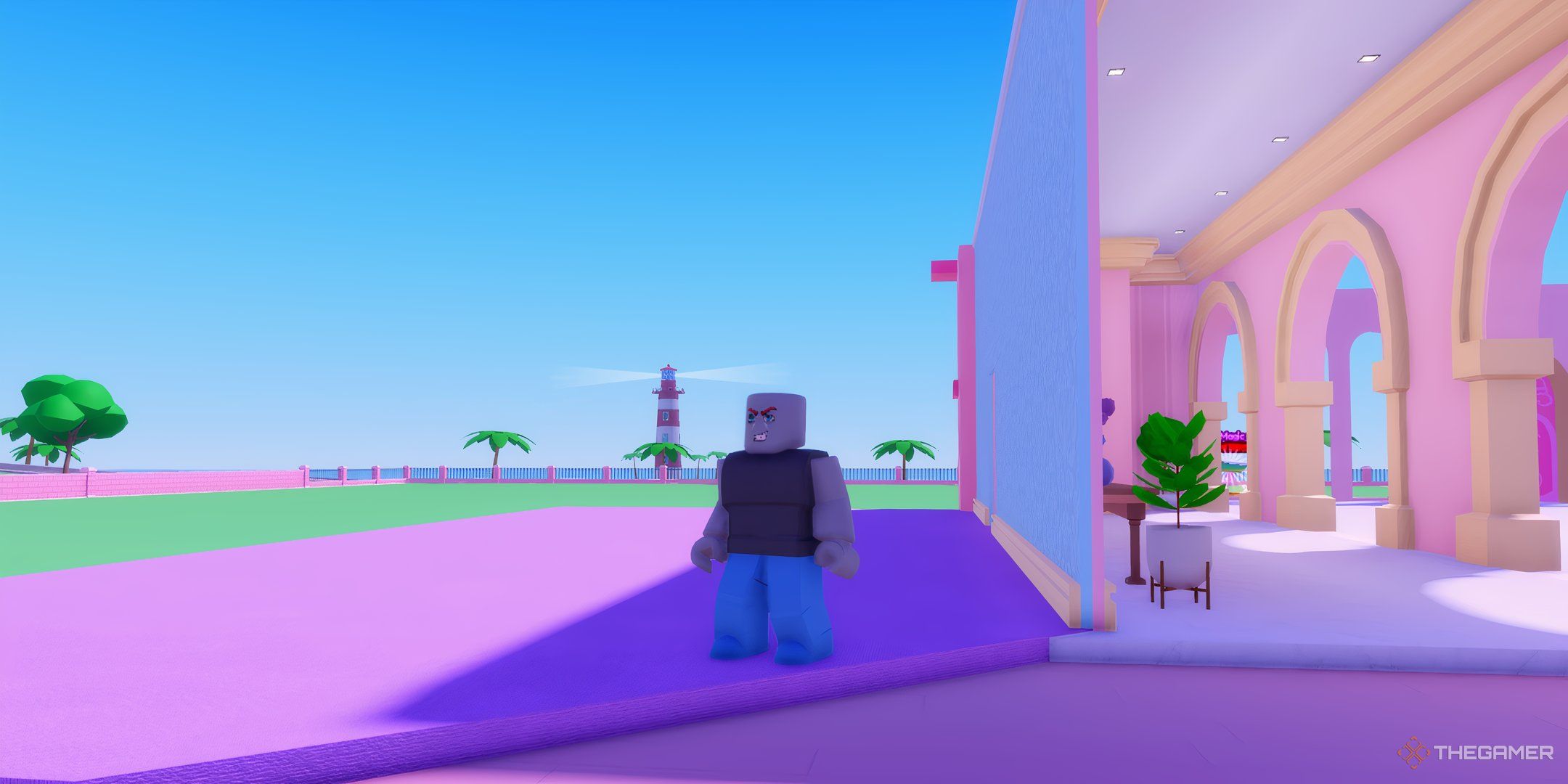 a player standing in Pink Palace Tycoon on Roblox