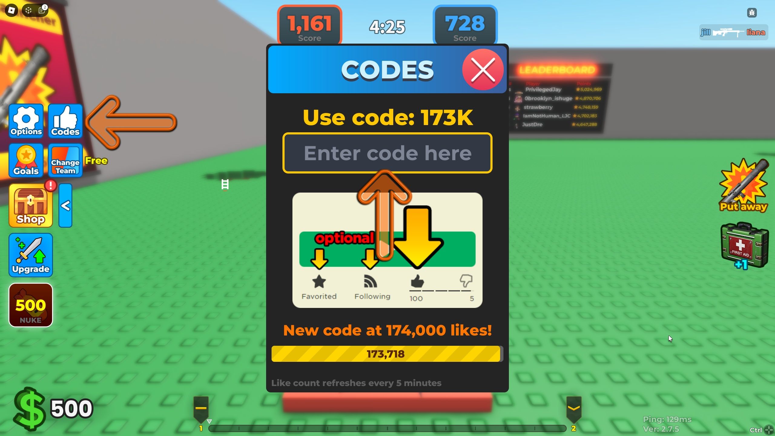 the codes section is open in Underground War 2.0 on Roblox