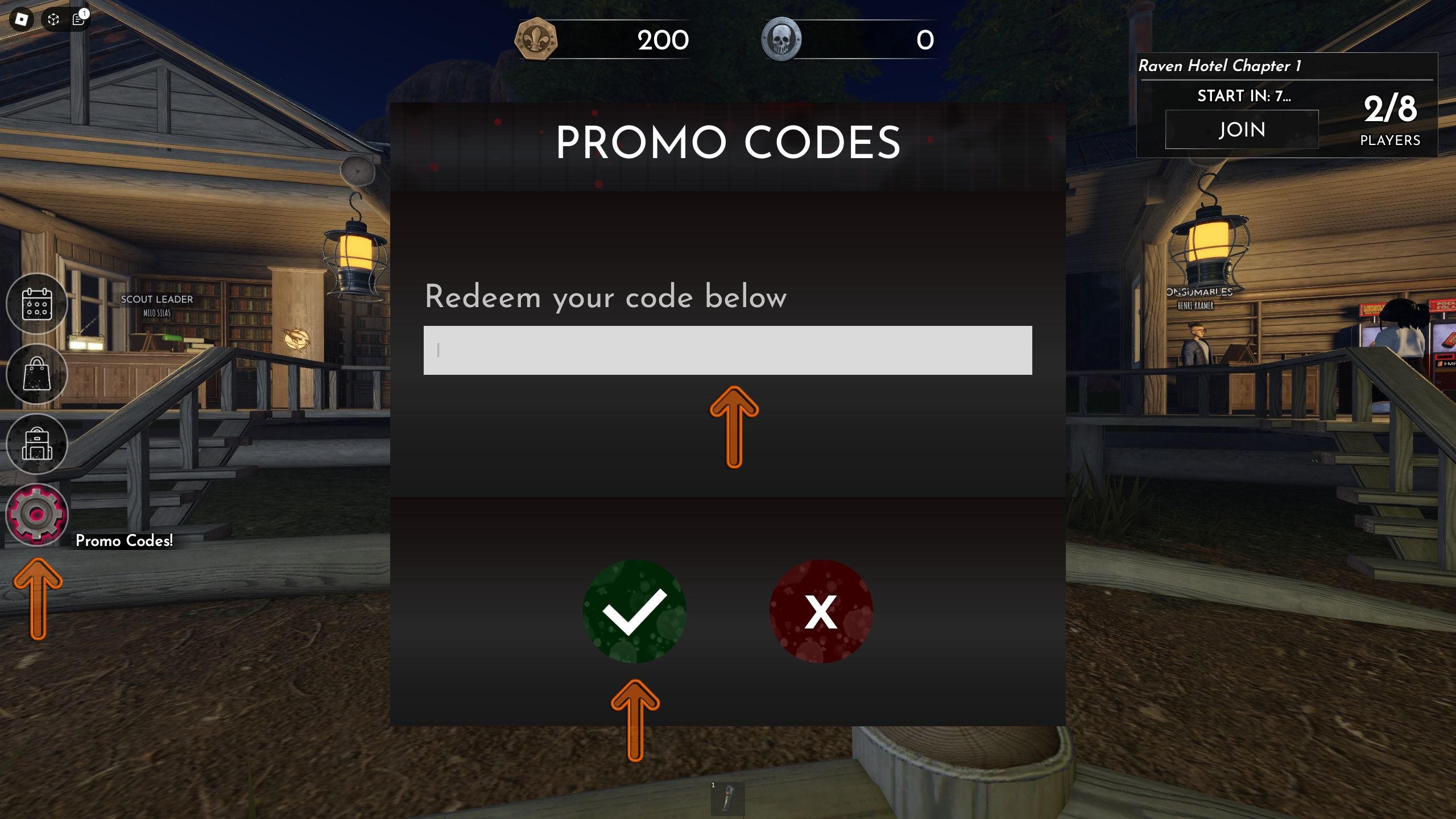the promo codes box is open in Dread Camp on Roblox
