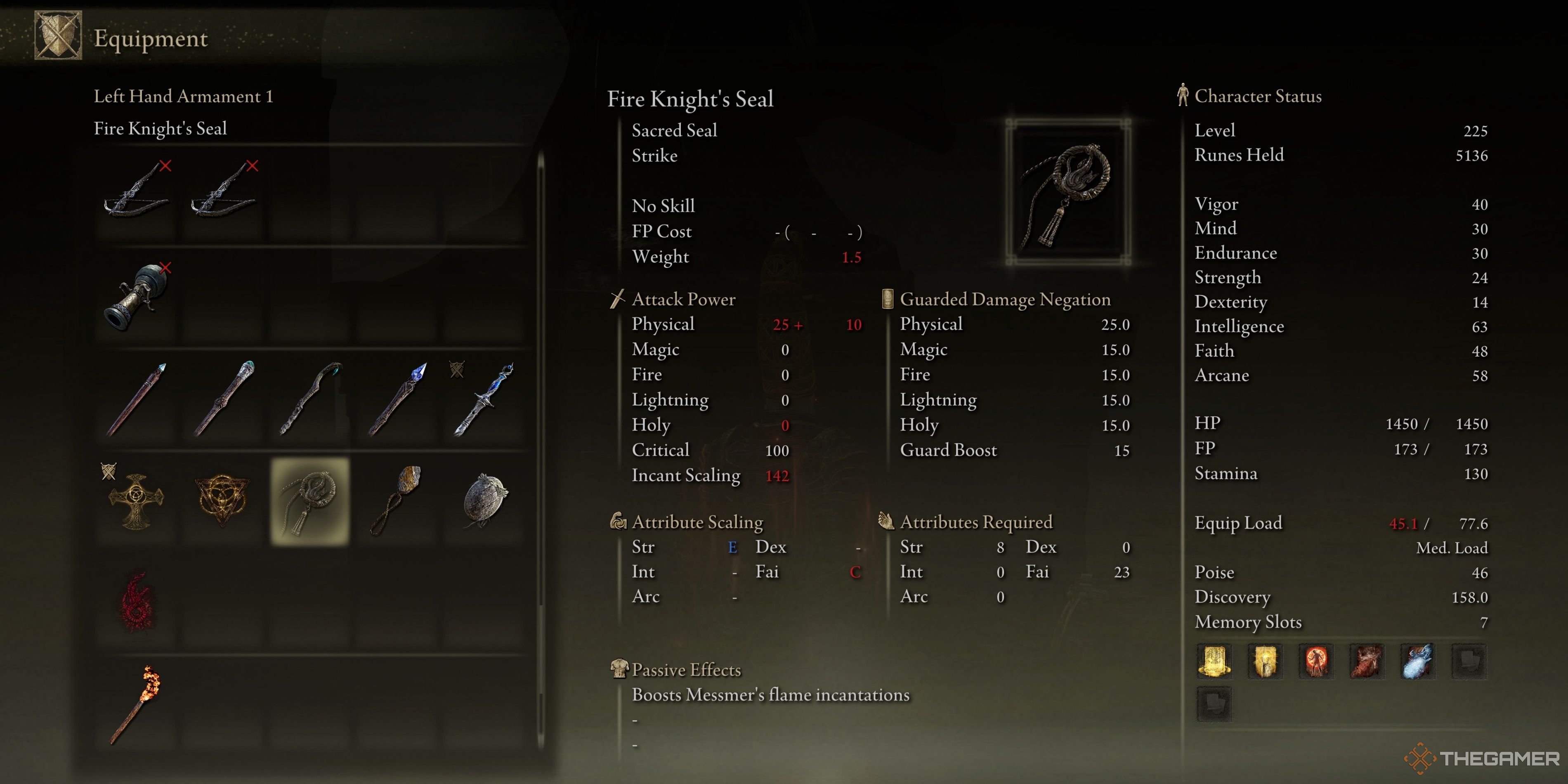 The Fire Knights Seal Stats in Elden Ring: Shadow Of The Erdtree.