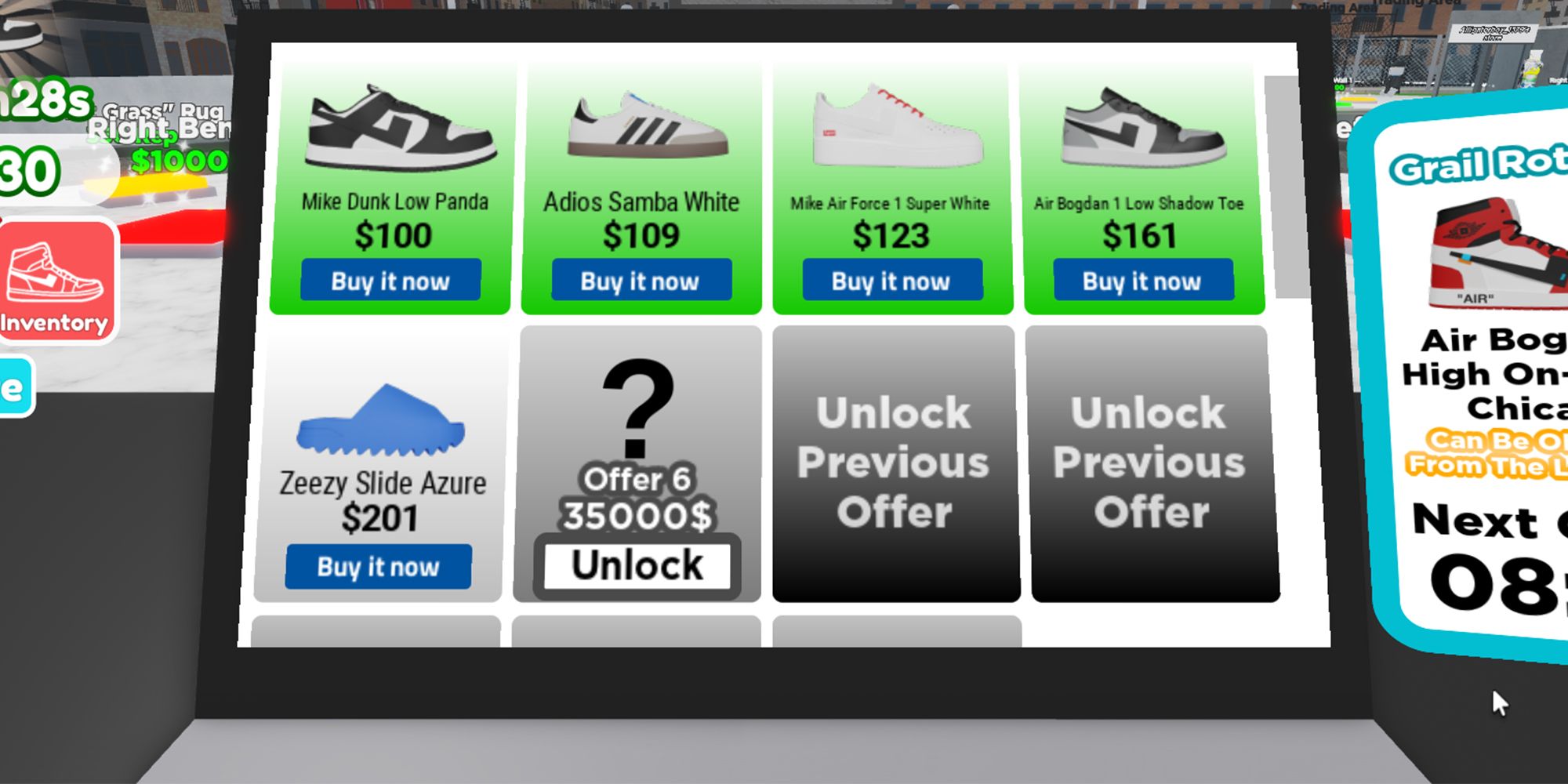 An online storefront featuring various brands of sneakers in the Roblox game Sneaker Resell Simulator.
