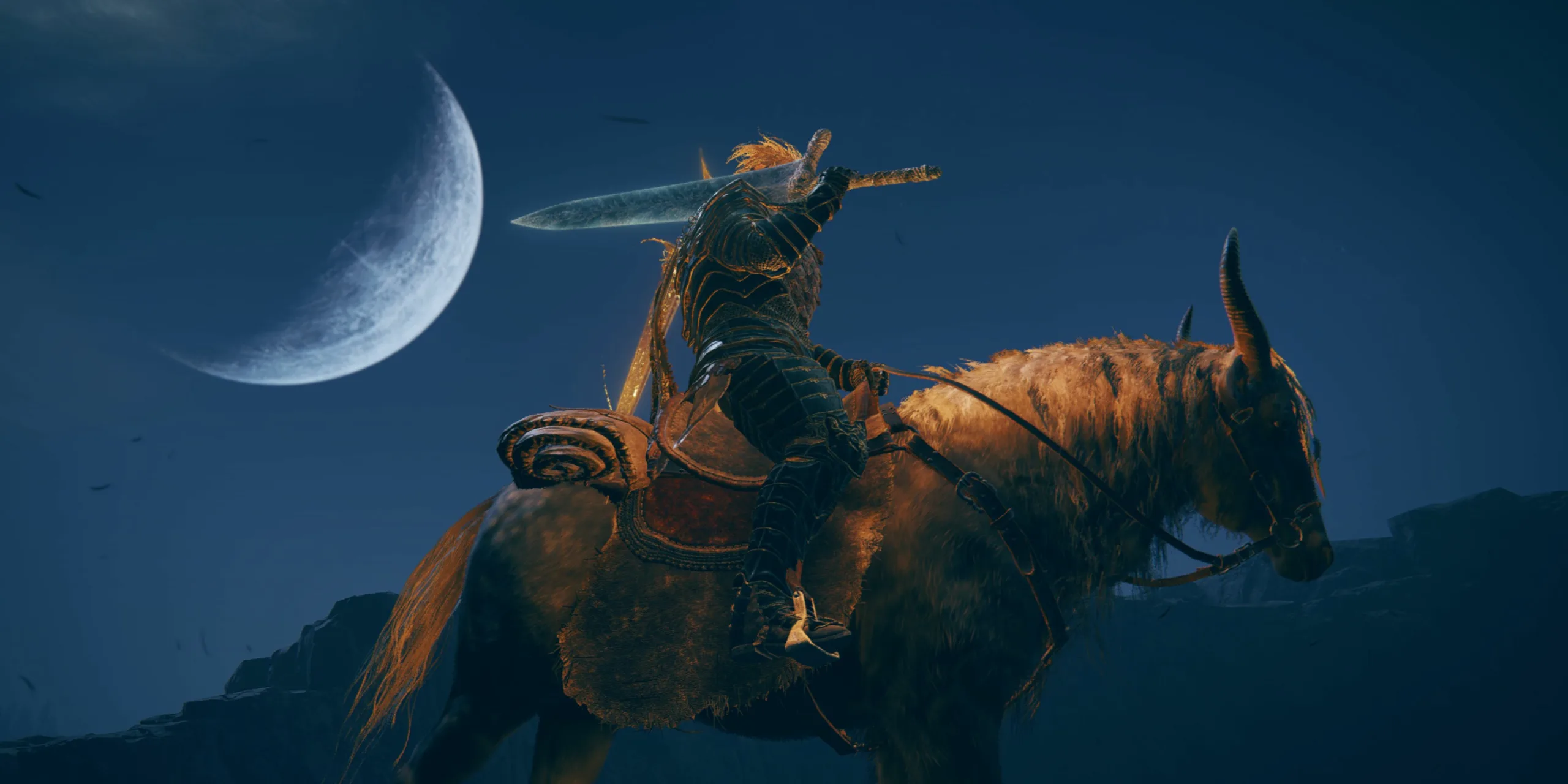 tarnished is riding torrent his mount in a lovely night where the moon is visible elden ring shadow scaled