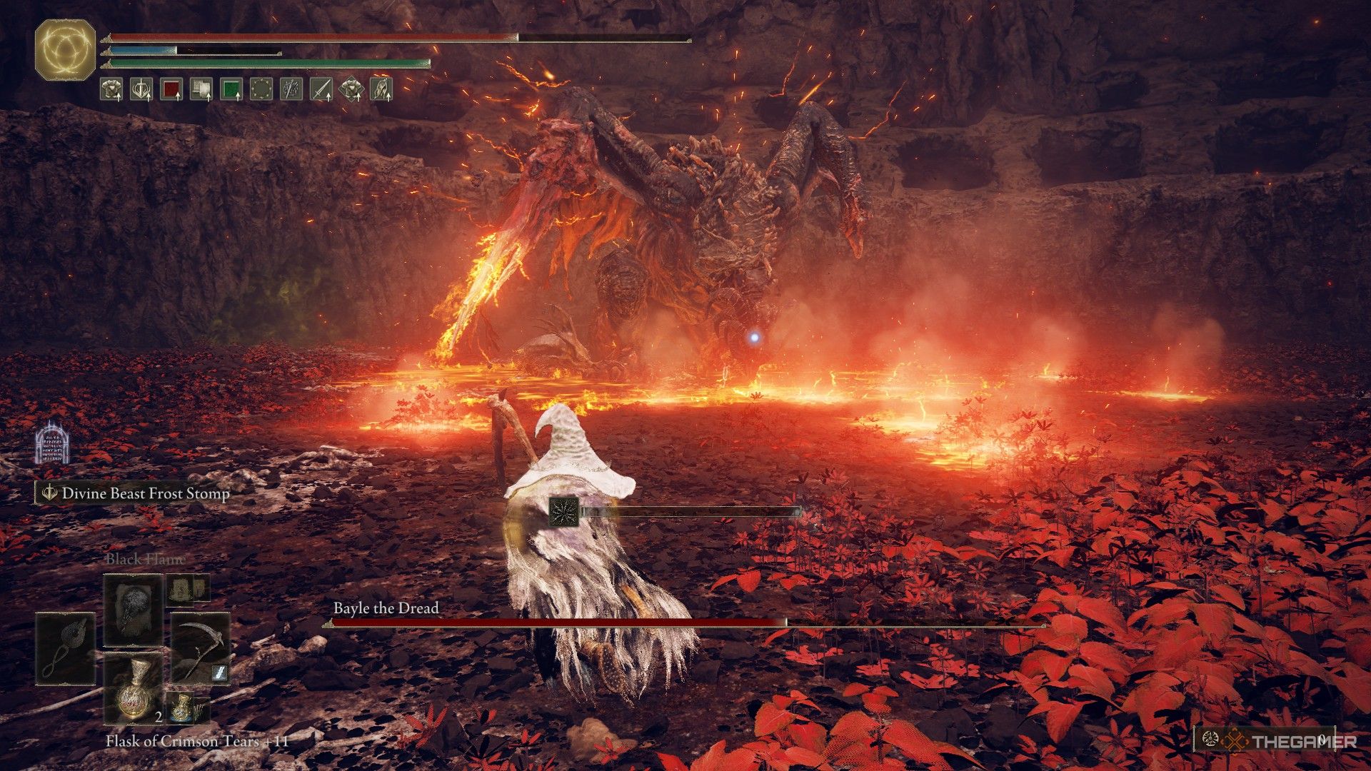 Player watches as Bayle summons pools of lava around himself, preparing to explode in Elden Ring: Shadow of the Erdtree.