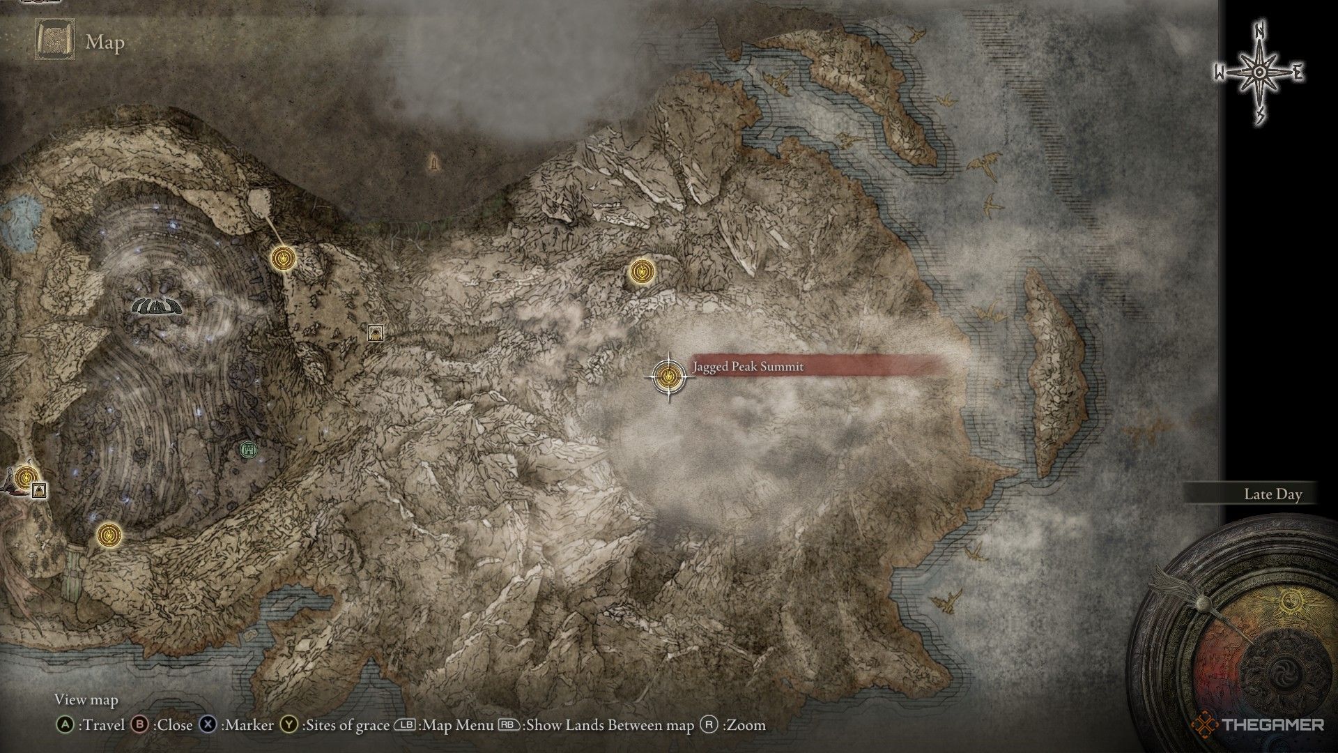 Map location of Bayle the Dragon at Jagged Peak Summit in Elden Ring: Shadow Of The Erdtree.