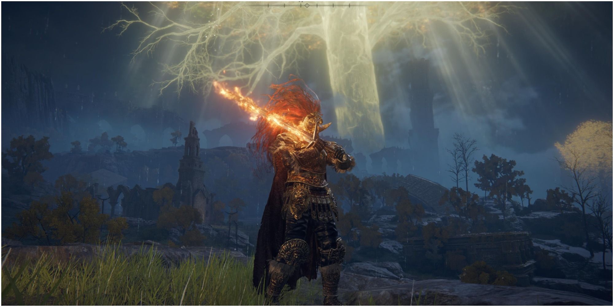 The Tarnished holds a Flaming Claymore in Elden Ring.